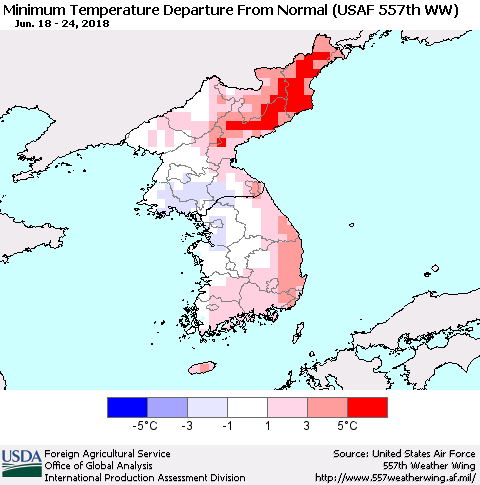 Korea Mean Minimum Temperature Departure from Normal (USAF 557th WW) Thematic Map For 6/18/2018 - 6/24/2018