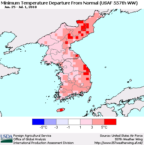 Korea Mean Minimum Temperature Departure from Normal (USAF 557th WW) Thematic Map For 6/25/2018 - 7/1/2018