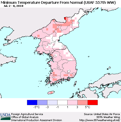 Korea Mean Minimum Temperature Departure from Normal (USAF 557th WW) Thematic Map For 7/2/2018 - 7/8/2018