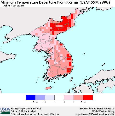 Korea Mean Minimum Temperature Departure from Normal (USAF 557th WW) Thematic Map For 7/9/2018 - 7/15/2018