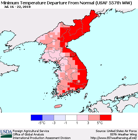 Korea Mean Minimum Temperature Departure from Normal (USAF 557th WW) Thematic Map For 7/16/2018 - 7/22/2018