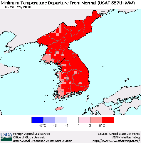Korea Mean Minimum Temperature Departure from Normal (USAF 557th WW) Thematic Map For 7/23/2018 - 7/29/2018