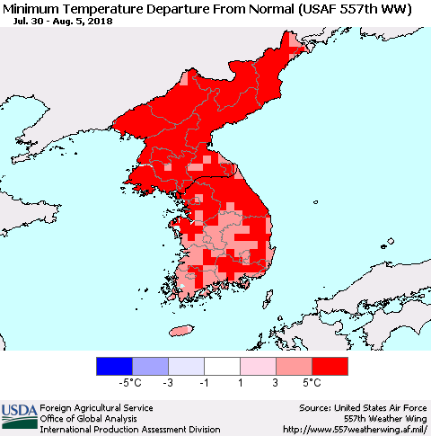 Korea Mean Minimum Temperature Departure from Normal (USAF 557th WW) Thematic Map For 7/30/2018 - 8/5/2018