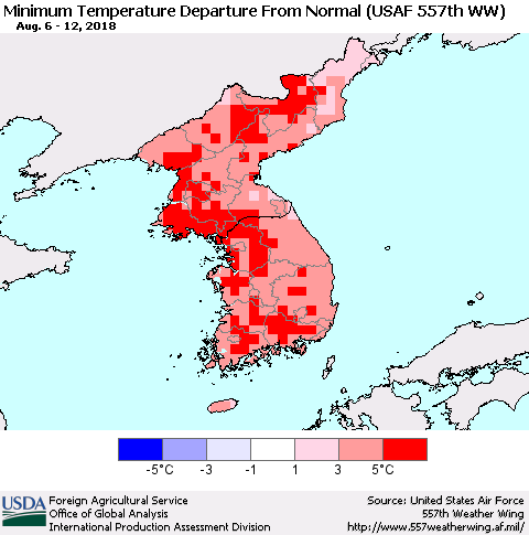 Korea Mean Minimum Temperature Departure from Normal (USAF 557th WW) Thematic Map For 8/6/2018 - 8/12/2018