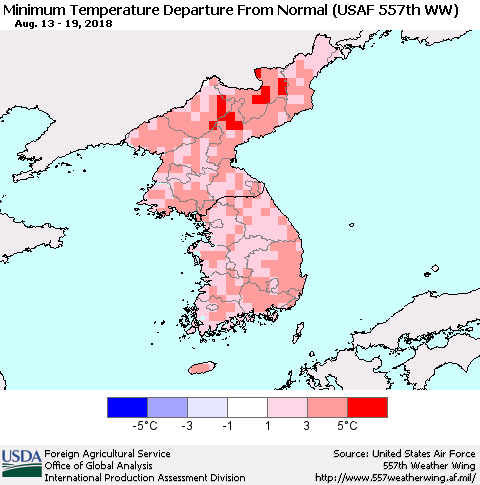 Korea Mean Minimum Temperature Departure from Normal (USAF 557th WW) Thematic Map For 8/13/2018 - 8/19/2018
