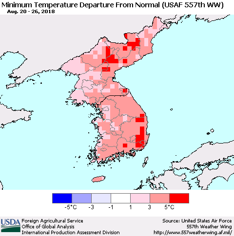Korea Mean Minimum Temperature Departure from Normal (USAF 557th WW) Thematic Map For 8/20/2018 - 8/26/2018