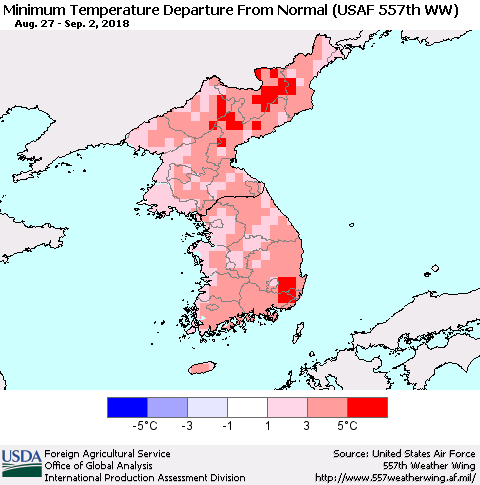 Korea Mean Minimum Temperature Departure from Normal (USAF 557th WW) Thematic Map For 8/27/2018 - 9/2/2018