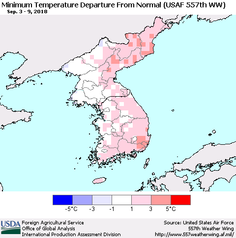 Korea Mean Minimum Temperature Departure from Normal (USAF 557th WW) Thematic Map For 9/3/2018 - 9/9/2018