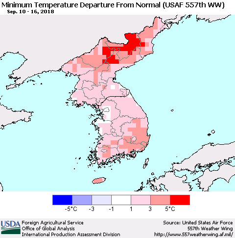 Korea Mean Minimum Temperature Departure from Normal (USAF 557th WW) Thematic Map For 9/10/2018 - 9/16/2018