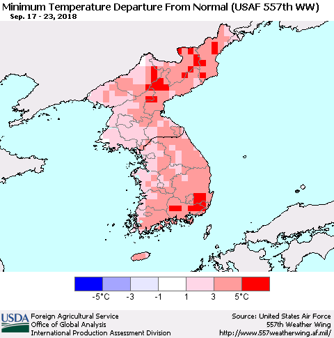 Korea Mean Minimum Temperature Departure from Normal (USAF 557th WW) Thematic Map For 9/17/2018 - 9/23/2018