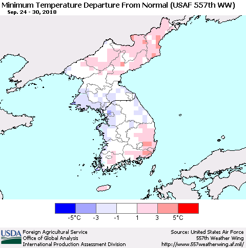 Korea Mean Minimum Temperature Departure from Normal (USAF 557th WW) Thematic Map For 9/24/2018 - 9/30/2018