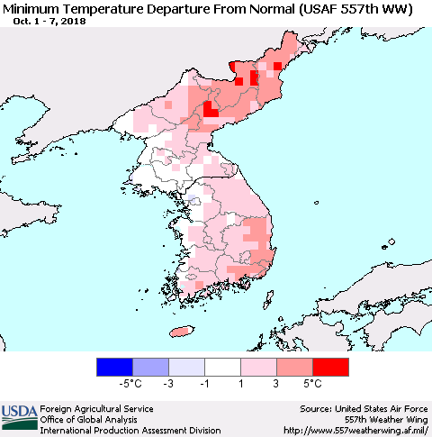 Korea Mean Minimum Temperature Departure from Normal (USAF 557th WW) Thematic Map For 10/1/2018 - 10/7/2018