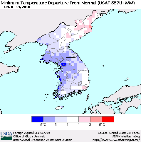 Korea Mean Minimum Temperature Departure from Normal (USAF 557th WW) Thematic Map For 10/8/2018 - 10/14/2018