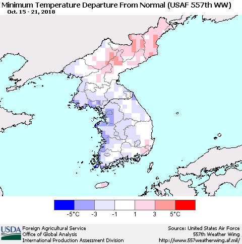 Korea Mean Minimum Temperature Departure from Normal (USAF 557th WW) Thematic Map For 10/15/2018 - 10/21/2018