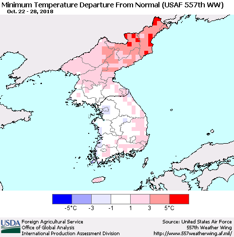 Korea Mean Minimum Temperature Departure from Normal (USAF 557th WW) Thematic Map For 10/22/2018 - 10/28/2018