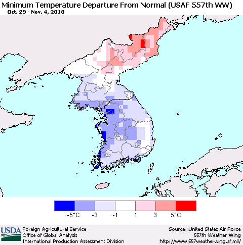 Korea Mean Minimum Temperature Departure from Normal (USAF 557th WW) Thematic Map For 10/29/2018 - 11/4/2018