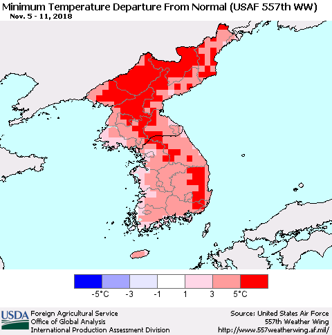 Korea Mean Minimum Temperature Departure from Normal (USAF 557th WW) Thematic Map For 11/5/2018 - 11/11/2018
