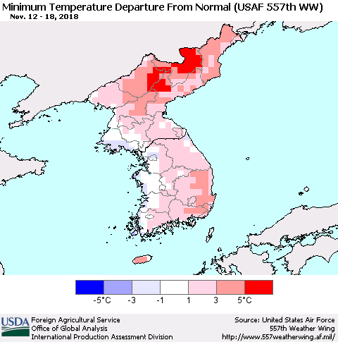 Korea Mean Minimum Temperature Departure from Normal (USAF 557th WW) Thematic Map For 11/12/2018 - 11/18/2018
