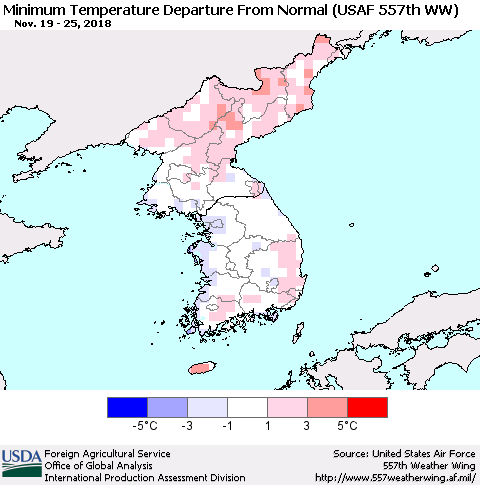 Korea Mean Minimum Temperature Departure from Normal (USAF 557th WW) Thematic Map For 11/19/2018 - 11/25/2018