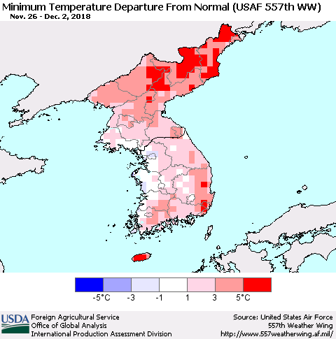 Korea Mean Minimum Temperature Departure from Normal (USAF 557th WW) Thematic Map For 11/26/2018 - 12/2/2018