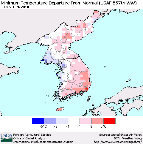 Korea Mean Minimum Temperature Departure from Normal (USAF 557th WW) Thematic Map For 12/3/2018 - 12/9/2018