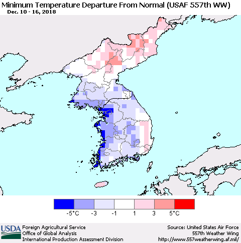 Korea Mean Minimum Temperature Departure from Normal (USAF 557th WW) Thematic Map For 12/10/2018 - 12/16/2018