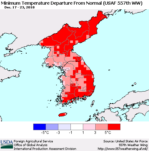Korea Mean Minimum Temperature Departure from Normal (USAF 557th WW) Thematic Map For 12/17/2018 - 12/23/2018