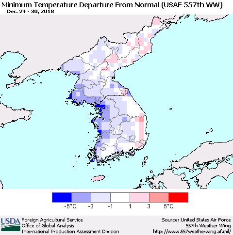 Korea Mean Minimum Temperature Departure from Normal (USAF 557th WW) Thematic Map For 12/24/2018 - 12/30/2018