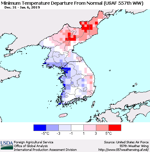 Korea Mean Minimum Temperature Departure from Normal (USAF 557th WW) Thematic Map For 12/31/2018 - 1/6/2019