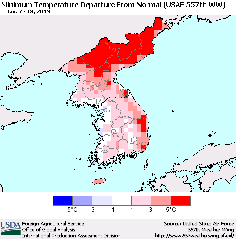 Korea Mean Minimum Temperature Departure from Normal (USAF 557th WW) Thematic Map For 1/7/2019 - 1/13/2019