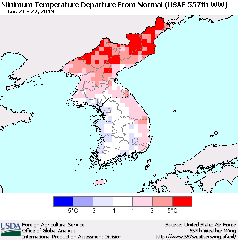 Korea Mean Minimum Temperature Departure from Normal (USAF 557th WW) Thematic Map For 1/21/2019 - 1/27/2019