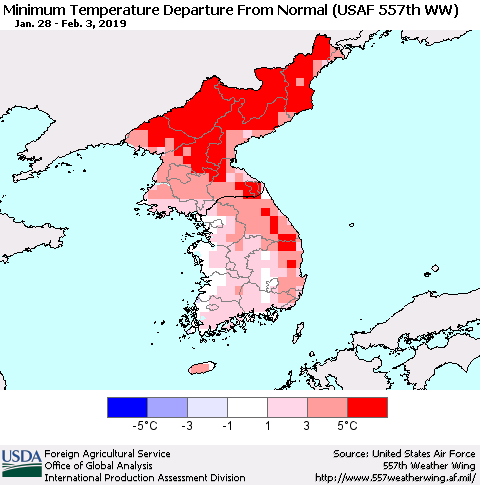 Korea Mean Minimum Temperature Departure from Normal (USAF 557th WW) Thematic Map For 1/28/2019 - 2/3/2019