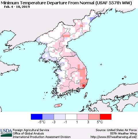 Korea Mean Minimum Temperature Departure from Normal (USAF 557th WW) Thematic Map For 2/4/2019 - 2/10/2019