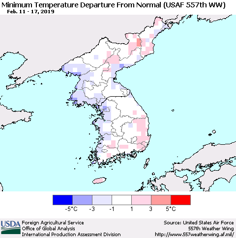 Korea Mean Minimum Temperature Departure from Normal (USAF 557th WW) Thematic Map For 2/11/2019 - 2/17/2019