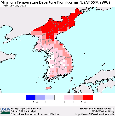 Korea Mean Minimum Temperature Departure from Normal (USAF 557th WW) Thematic Map For 2/18/2019 - 2/24/2019
