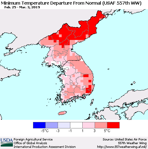 Korea Mean Minimum Temperature Departure from Normal (USAF 557th WW) Thematic Map For 2/25/2019 - 3/3/2019