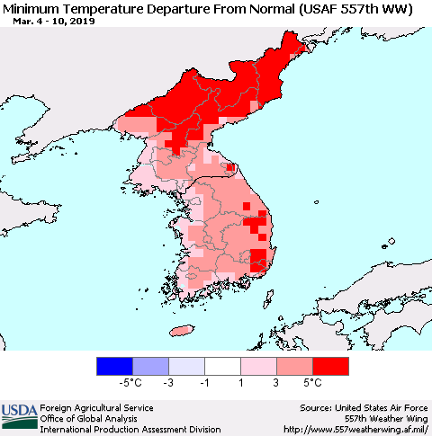 Korea Mean Minimum Temperature Departure from Normal (USAF 557th WW) Thematic Map For 3/4/2019 - 3/10/2019