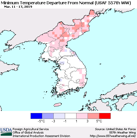 Korea Mean Minimum Temperature Departure from Normal (USAF 557th WW) Thematic Map For 3/11/2019 - 3/17/2019