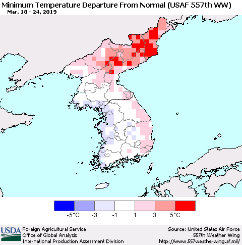Korea Mean Minimum Temperature Departure from Normal (USAF 557th WW) Thematic Map For 3/18/2019 - 3/24/2019