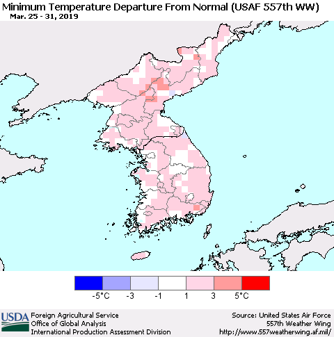 Korea Mean Minimum Temperature Departure from Normal (USAF 557th WW) Thematic Map For 3/25/2019 - 3/31/2019