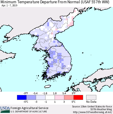 Korea Mean Minimum Temperature Departure from Normal (USAF 557th WW) Thematic Map For 4/1/2019 - 4/7/2019