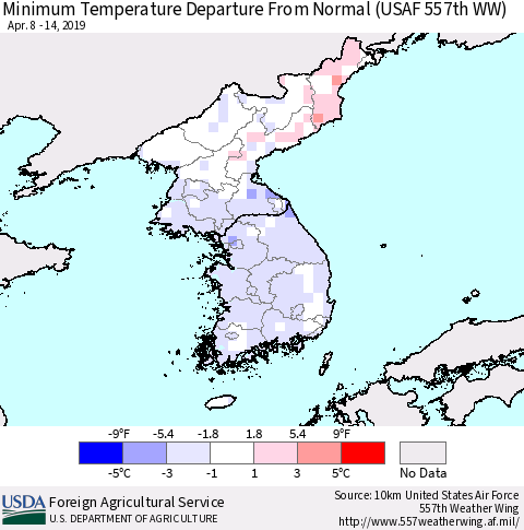 Korea Mean Minimum Temperature Departure from Normal (USAF 557th WW) Thematic Map For 4/8/2019 - 4/14/2019