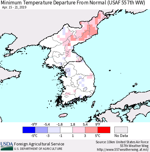Korea Mean Minimum Temperature Departure from Normal (USAF 557th WW) Thematic Map For 4/15/2019 - 4/21/2019
