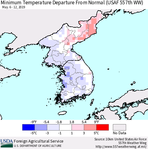 Korea Mean Minimum Temperature Departure from Normal (USAF 557th WW) Thematic Map For 5/6/2019 - 5/12/2019
