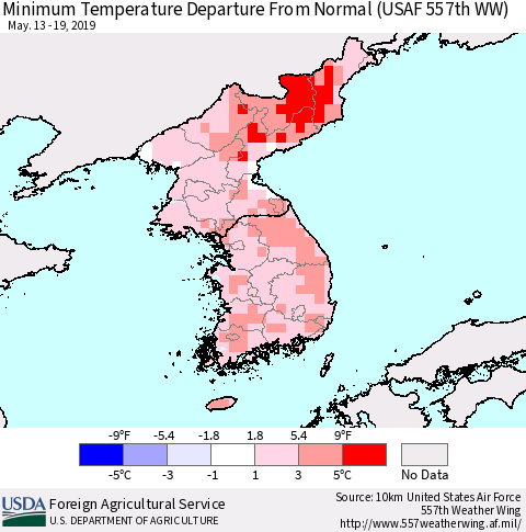 Korea Mean Minimum Temperature Departure from Normal (USAF 557th WW) Thematic Map For 5/13/2019 - 5/19/2019