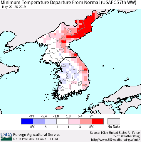 Korea Mean Minimum Temperature Departure from Normal (USAF 557th WW) Thematic Map For 5/20/2019 - 5/26/2019