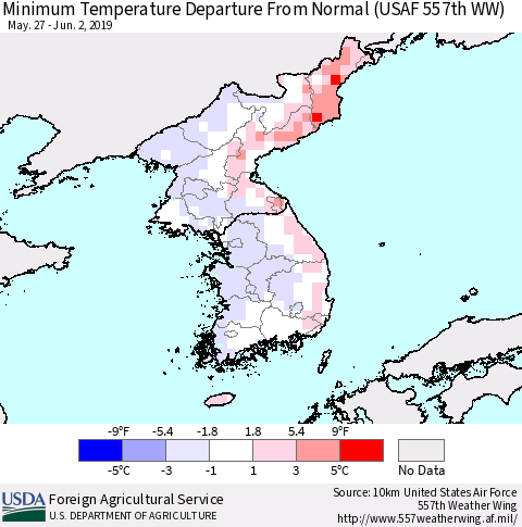 Korea Mean Minimum Temperature Departure from Normal (USAF 557th WW) Thematic Map For 5/27/2019 - 6/2/2019