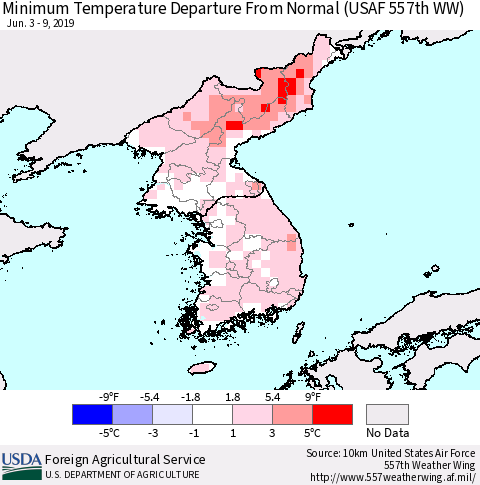 Korea Mean Minimum Temperature Departure from Normal (USAF 557th WW) Thematic Map For 6/3/2019 - 6/9/2019