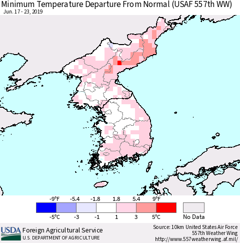 Korea Mean Minimum Temperature Departure from Normal (USAF 557th WW) Thematic Map For 6/17/2019 - 6/23/2019