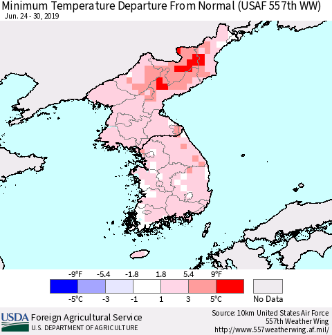 Korea Mean Minimum Temperature Departure from Normal (USAF 557th WW) Thematic Map For 6/24/2019 - 6/30/2019